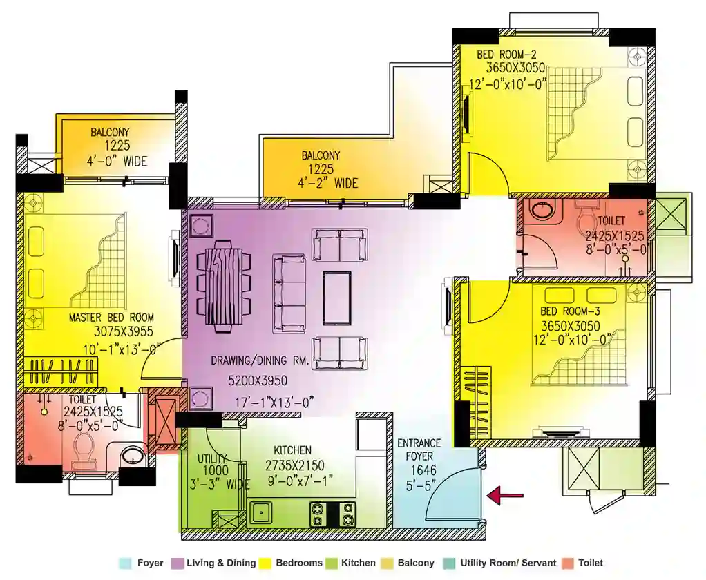 3 BHK Apartment + 3 Toilets