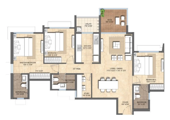 3 BHK + Study