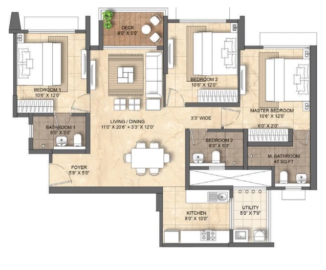 3 BHK + Utility