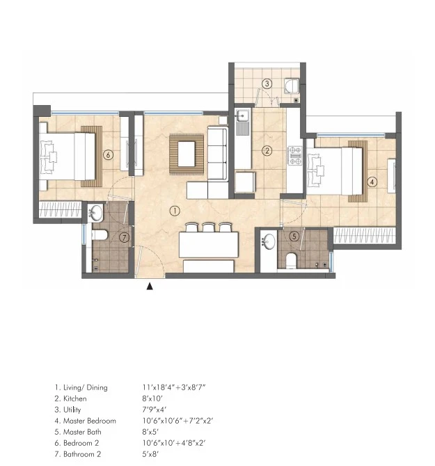 2 BHK + 2 Toilets