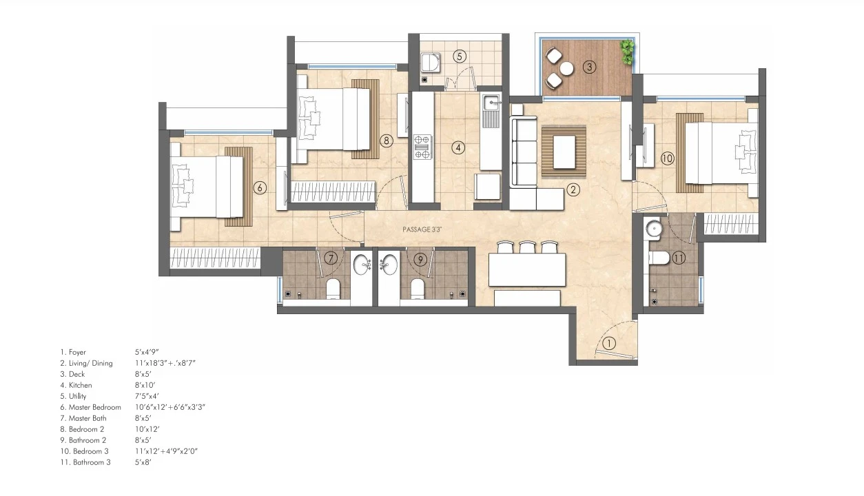 3 BHK + Deck