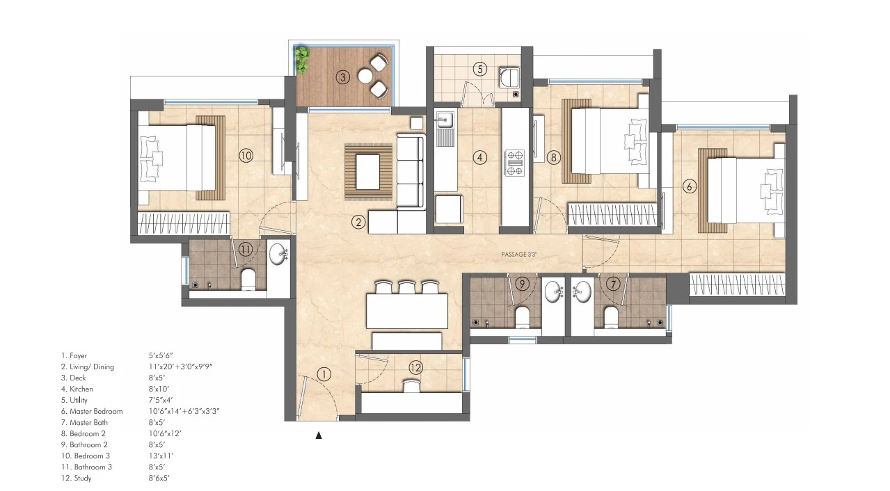 3 BHK + DECK + STUDY