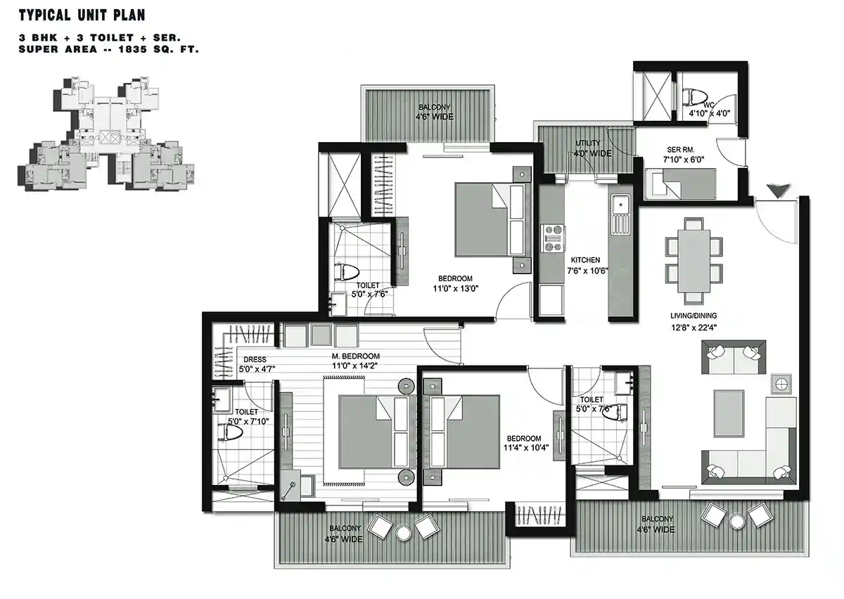 3 BHK Apartment + 3 Toilets