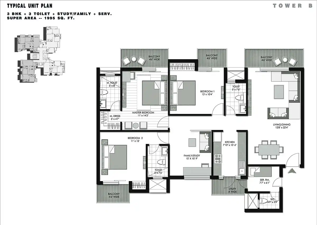 3 BHK Apartment + 3 Toilets
