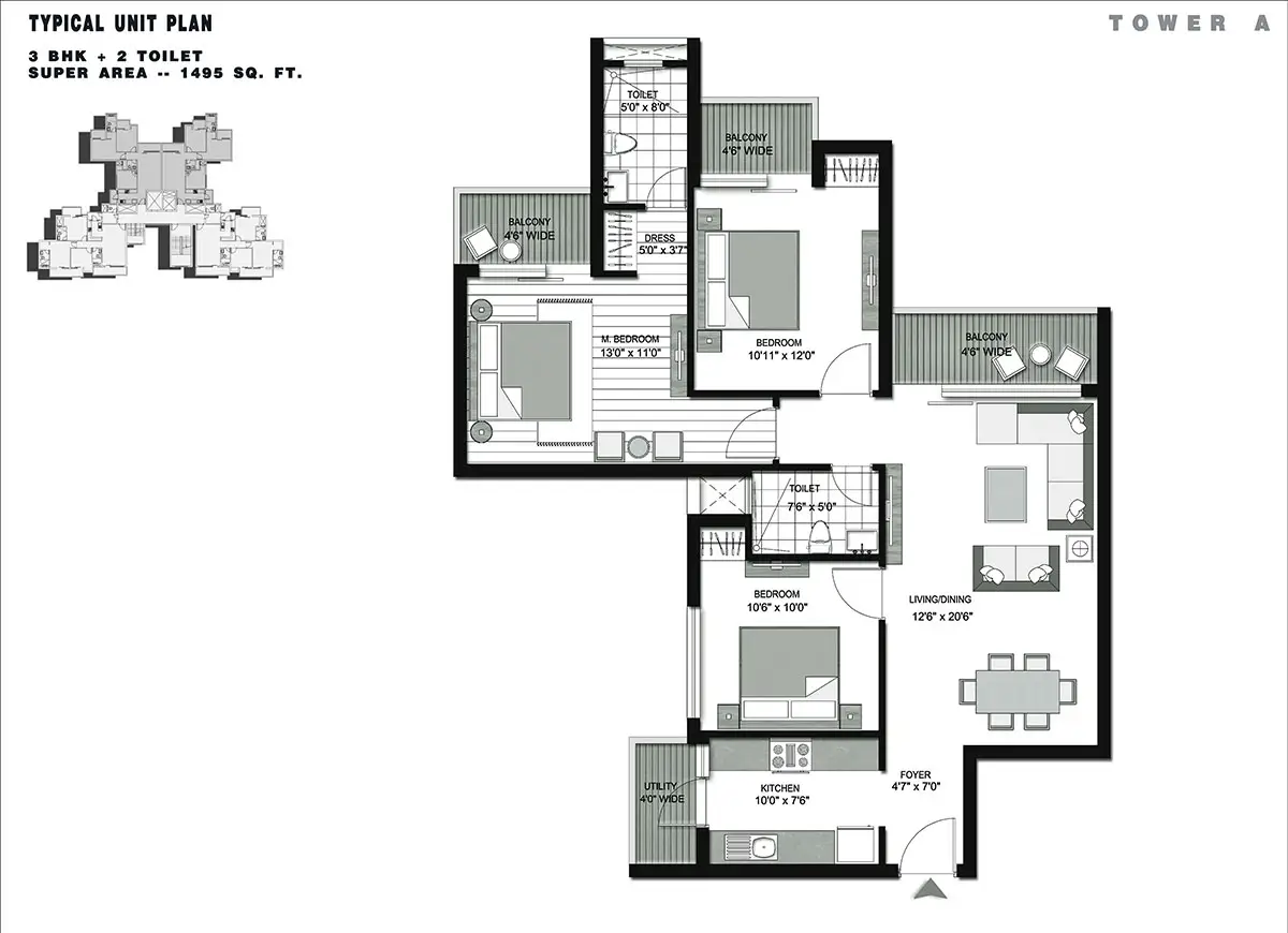 3 BHK Apartment + 3 Toilets