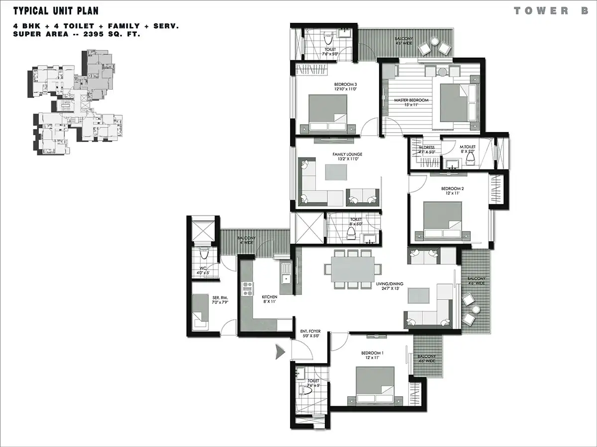 4 BHK Apartment + 4 Toilets