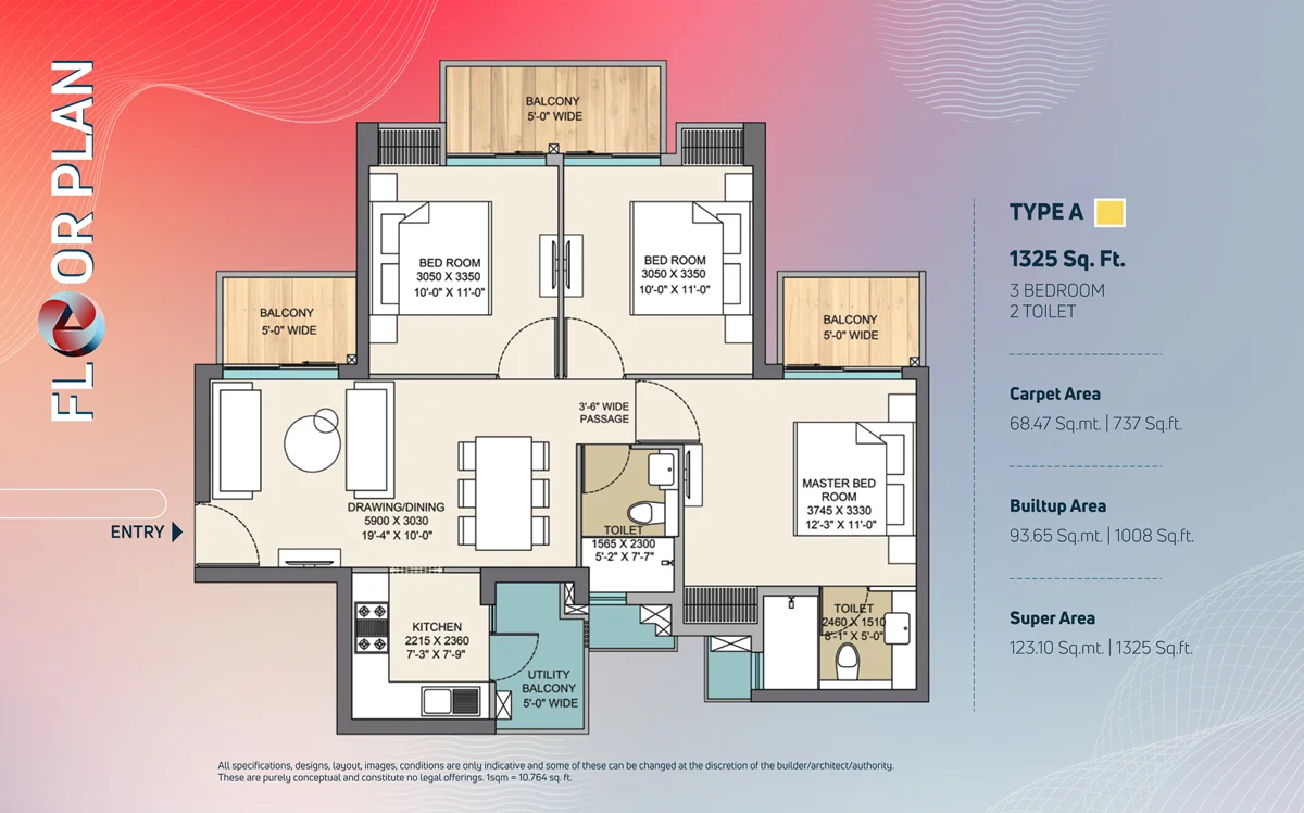 3 BHK Apartment + 2 Toilets