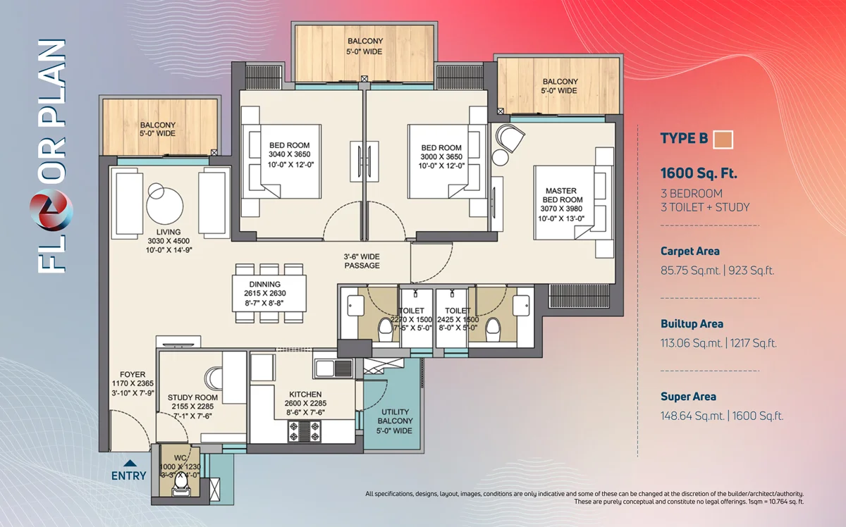 3 BHK Apartment + 3 Toilets