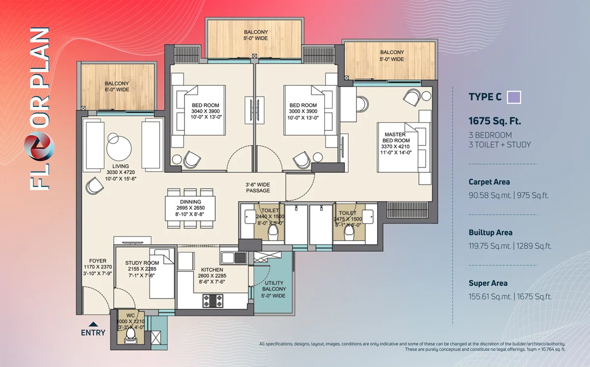 3 BHK Apartment + 3 Toilets + Study