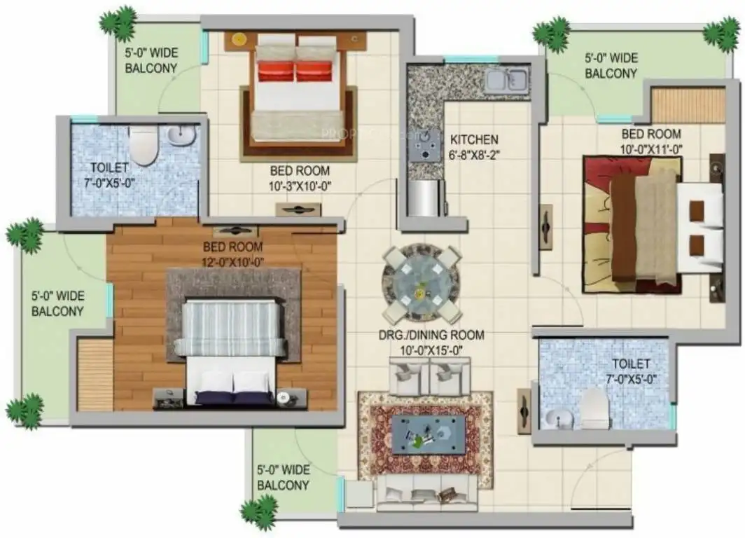 3 BHK Apartment + 2 Toilets