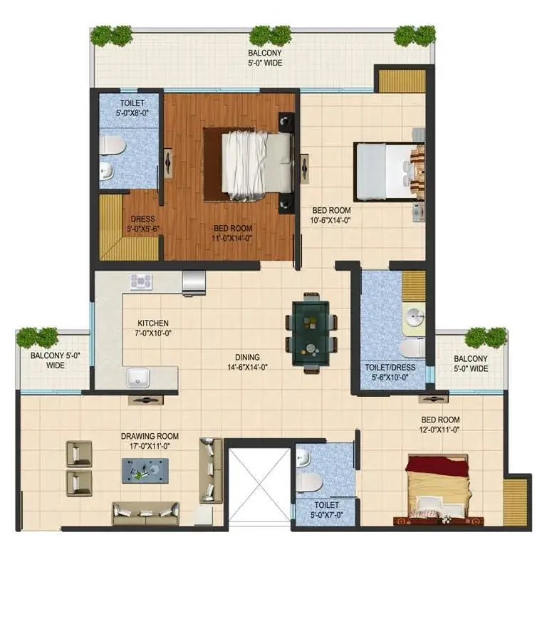3 BHK Apartment + 2 Toilets