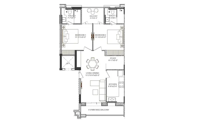 2 BHK + 2 Toilets