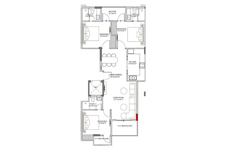 3 BHK + 3 Toilet
