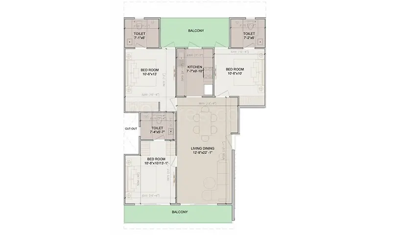 3 BHK + 3 Toilets