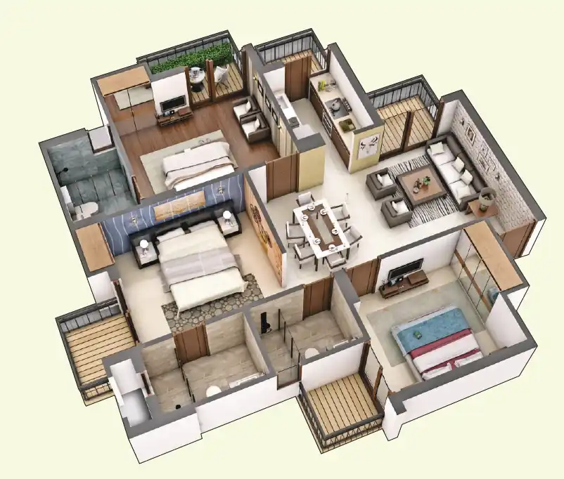 3 BHK Apartment + 3 Toilets