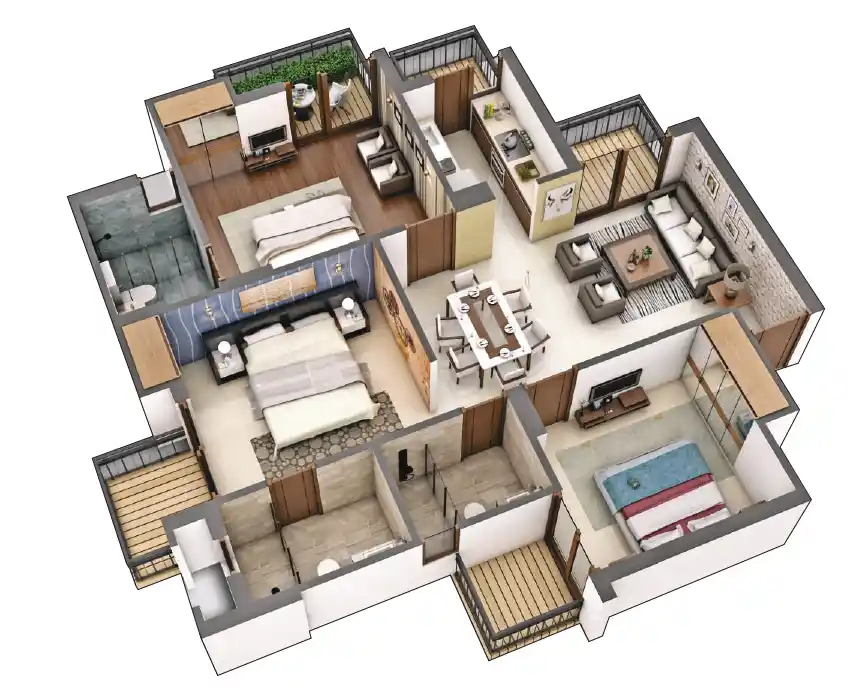 3 BHK Apartment + 3 Toilets