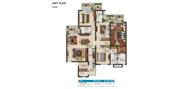 4 BHK + 4 Toilets