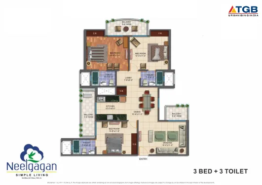 3 BHK Apartment + 2 Toilets