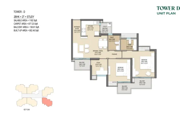 2 BHK + 2T + Study Apartment