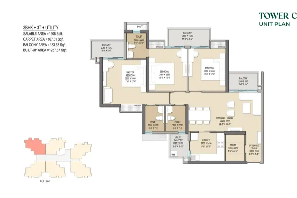 3 BHK + 3T + Utility Apartment