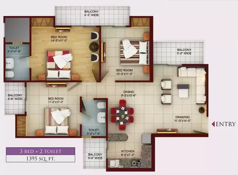3 BHK Apartment + 2 Toilets