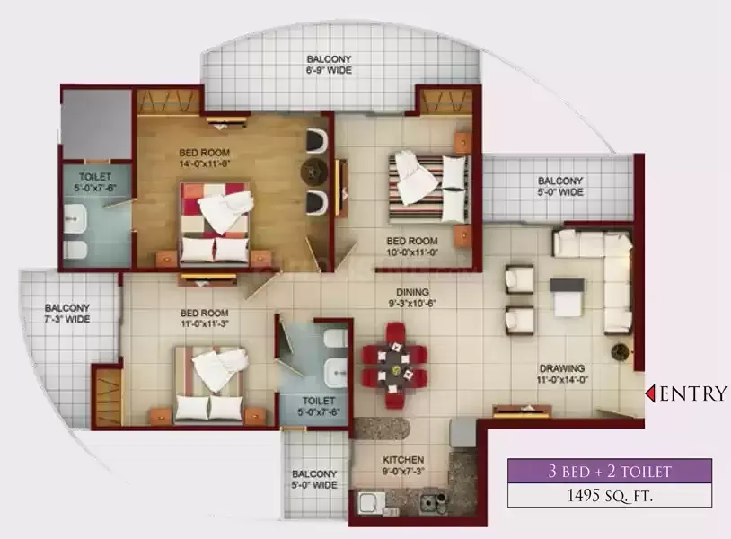 3 BHK Apartment + 2 Toilets