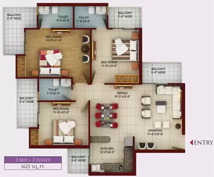 3 BHK Apartment + 3 Toilets