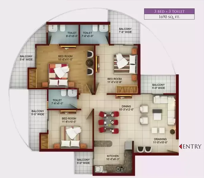 3 BHK Apartment + 3 Toilets
