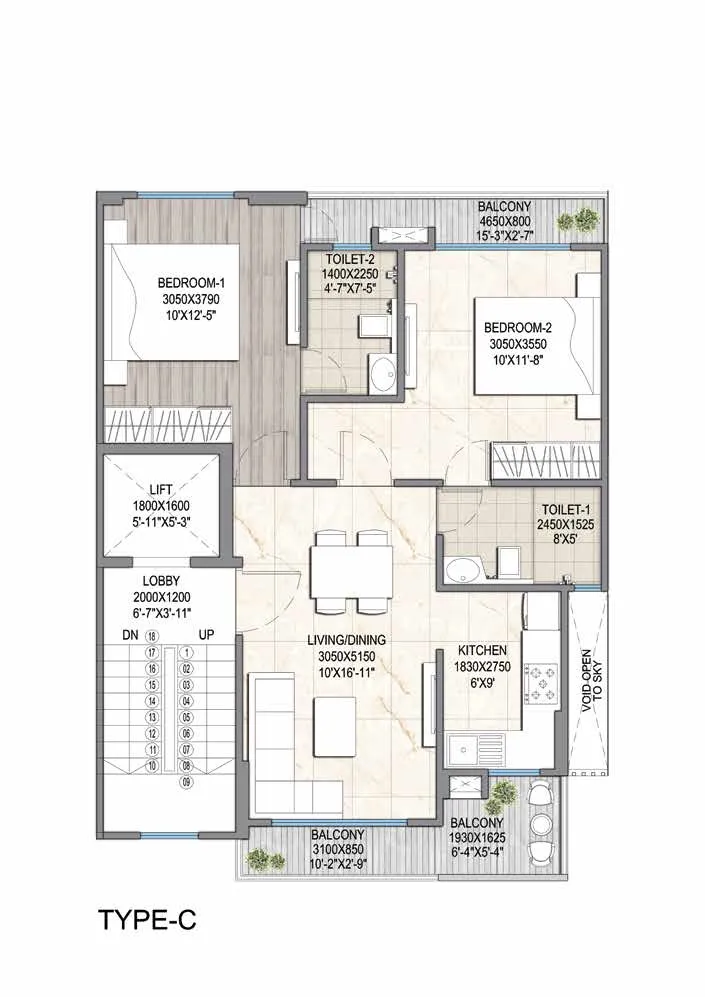 2 BHK Apartment + 2 Toilets