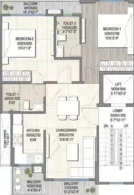 2 BHK Apartment + 2 Toilets
