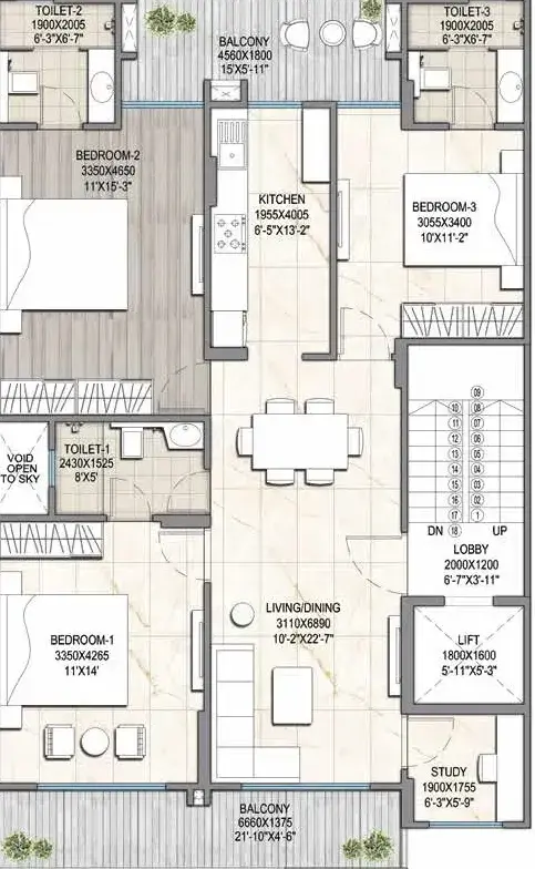 3 BHK Apartment + 3 Toilets