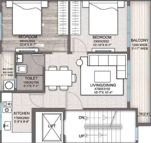 2 BHK Apartment + 2 Toilets