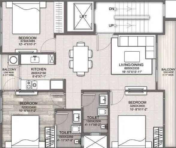 3 BHK Apartment + 3 Toilets