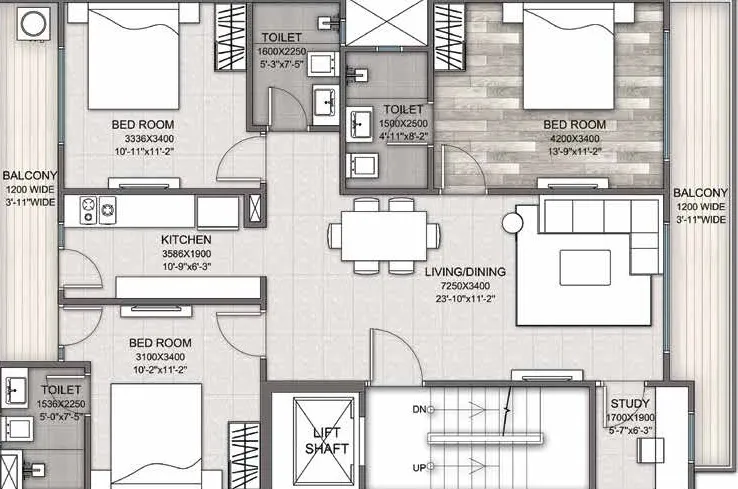 3 BHK Apartment + 3 Toilets