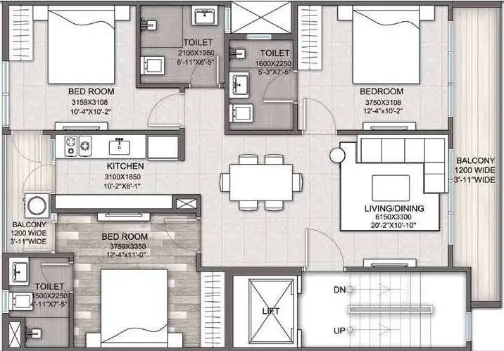 3 BHK Apartment + 3 Toilets