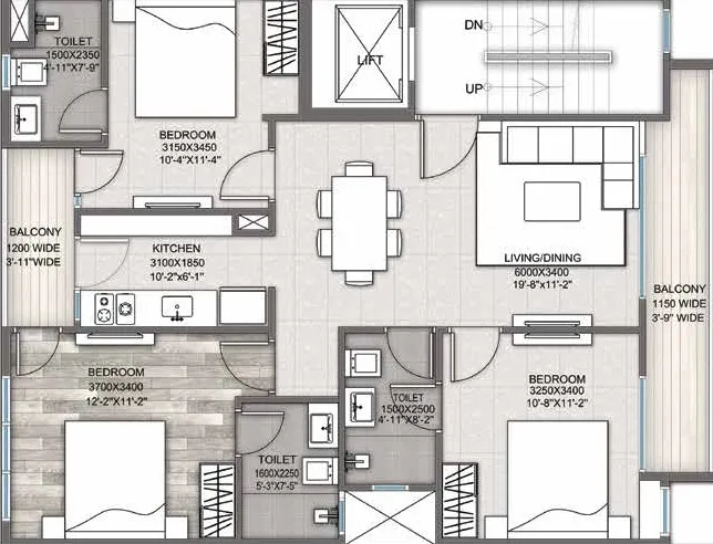 3 BHK Apartment + 3 Toilets + Study