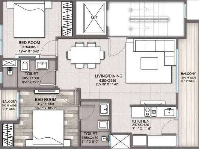 2 BHK Apartment + 2 Toilets